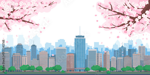 City skyline with cherry blossoms trees