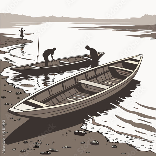 Muddy riverbank with men launching wooden boats muddy shore