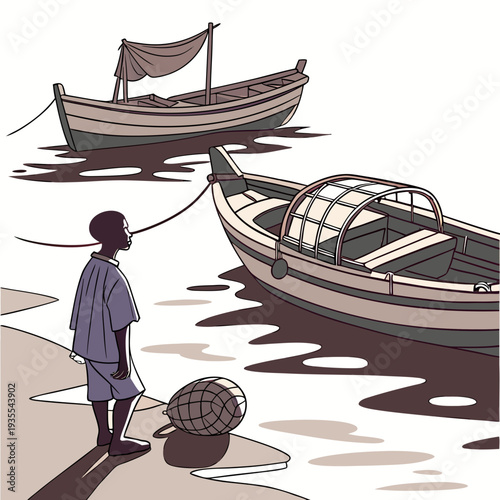 Boy standing on shore with two boats and a fishing net