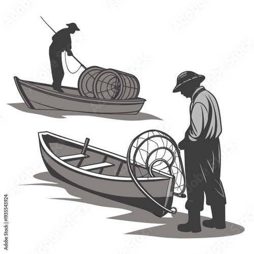 Grayscale of two fishermen with boats and nets fishing nets