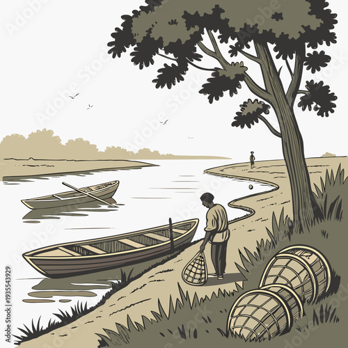Sepia riverbank scene with man holding fishing net and baskets