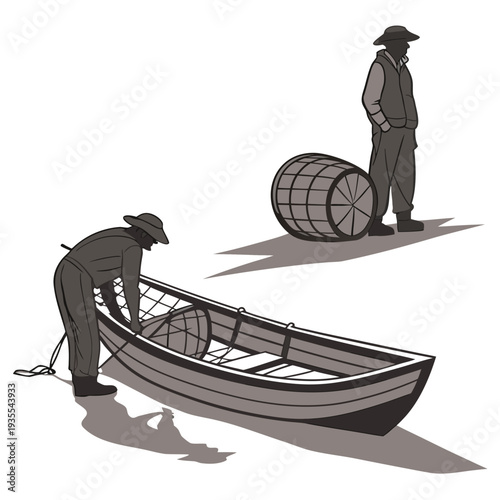 Grayscale of two men with a boat and barrel countryside