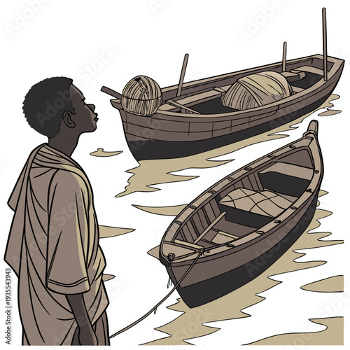 African boy standing by wooden boats on water traditional clothing