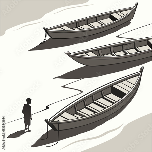 Grayscale of a man standing by three empty boats on a sandy shore