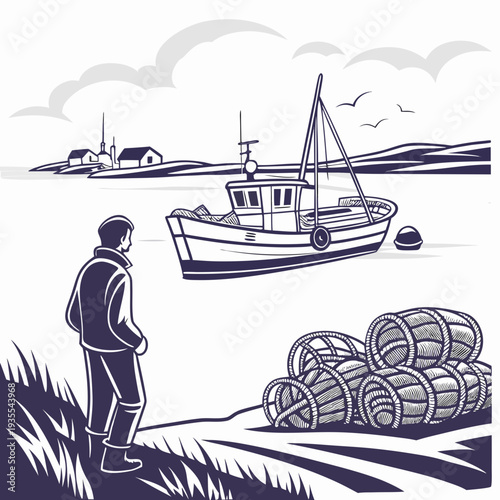 Calm riverside scene with man looking at boat and lobster traps
