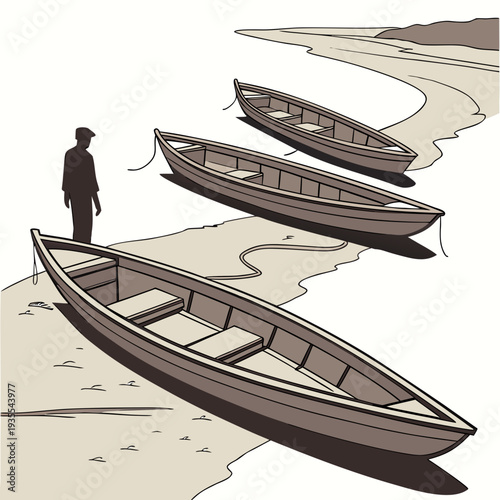 Brown wooden boats on sandy shore with a man rowboats