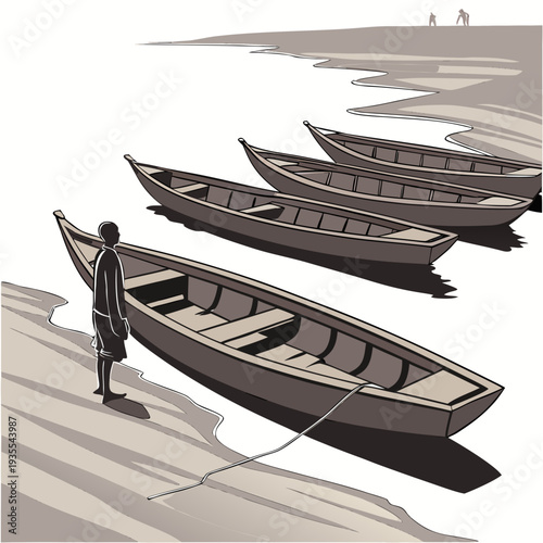 Man standing by boats on shore with people in distance