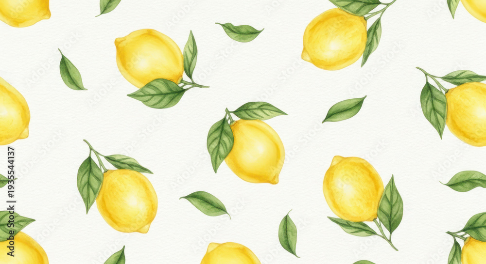 Obraz premium Pattern of yellow lemons and green leaves on a light background, ideal for textile design or wallpaper applications