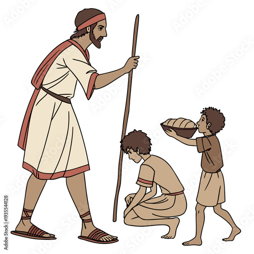 Ancient man and two boys in traditional clothing sandals