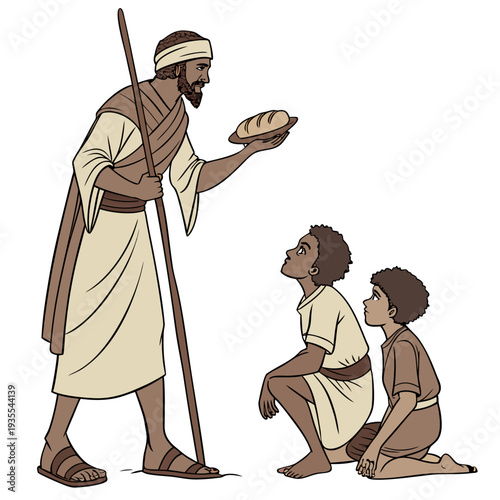 Ancient man offering bread to two kneeling children