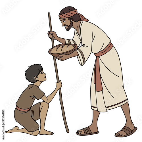 Ancient man in white robe offering bread to kneeling boy