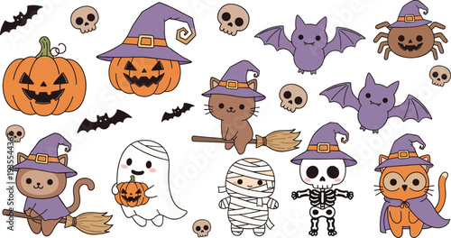 Cute Halloween Cartoon Characters Collection with Pumpkin, Ghost, Bat, Skeleton, Witch Cat and Mummy Vector Illustration Set