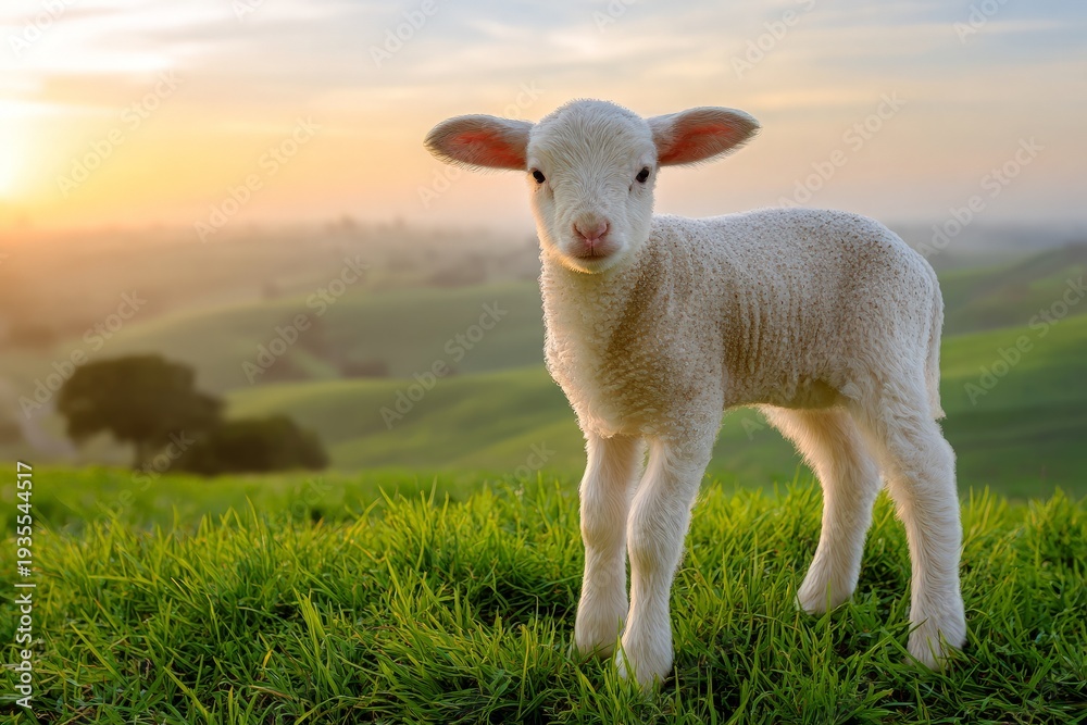 Obraz premium Easter lamb stands in green grassy field at sunrise