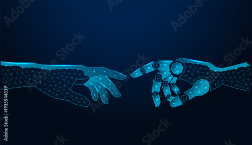 Low poly wireframe human hand and robot hand reaching for each other on dark blue background.