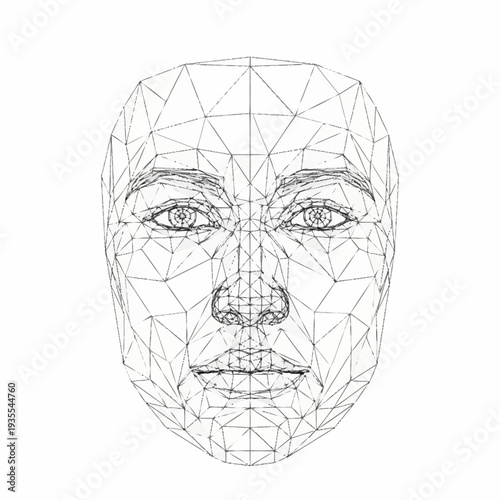 Wireframe human face representing digital identity and biometric technology.