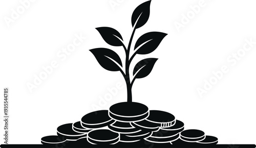 Sprout growing on a pile of coins financial growth concept silhouette