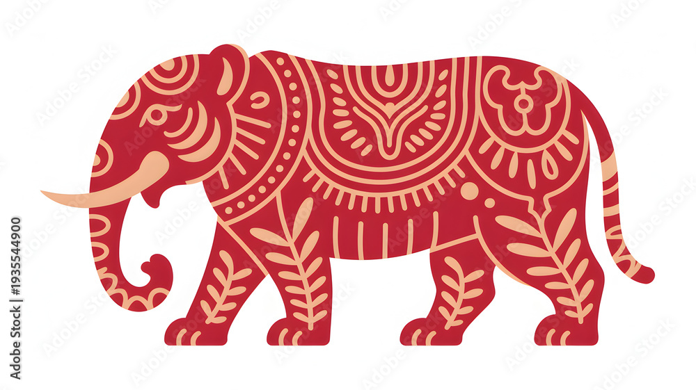 Fototapeta premium Stylized red elephant with decorative pattern and beige accents illustration.