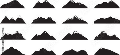 High-quality collection of 16 minimalist mountain silhouettes. Perfect for logos, outdoorsy branding, and web design in vector EPS and PSD formats.