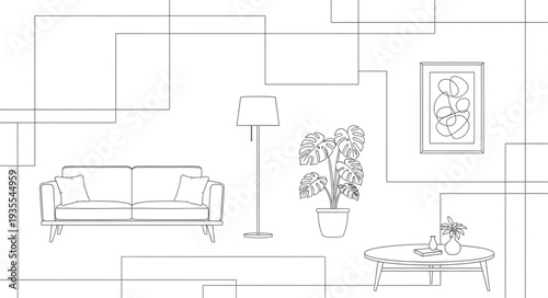 Interior design sketch of a living room with furniture and plants.