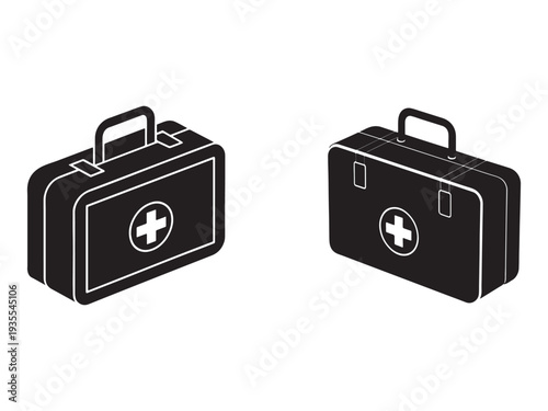 Two black medical first aid kit boxes with white outlines and cross symbols on lids  used for emergency medical treatment and health care