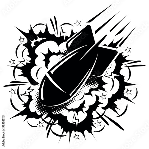 Bomb explodes in the sky. An aerial bomb falls to the ground. War, military template. Vector on a transparent background.