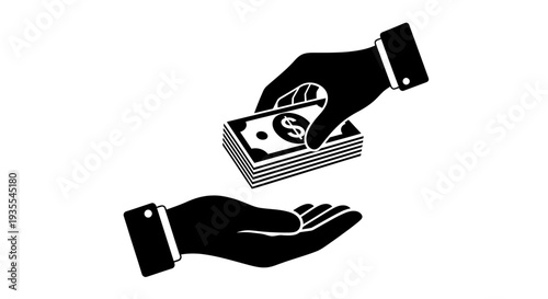 Hand giving a stack of dollar bills to another hand, symbolizing payment or a financial transaction, on an isolated white background.