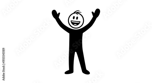 Happy stick figure person silhouette with arms raised celebrating success on an isolated white background.