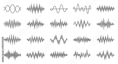 Collection of various abstract sound wave patterns and audio spectrum visualizations on an isolated white background.