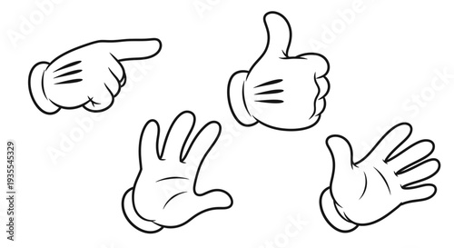 Collection of cartoon glove hands showing thumbs up, pointing, and open palm gestures on an isolated white background.