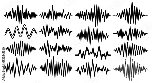 Set of Various Black and White Sound Wave Patterns and Audio Frequencies, isolated white background.