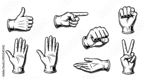 Collection of detailed hand gesture outline icons for communication and non-verbal expression in a bright studio background.