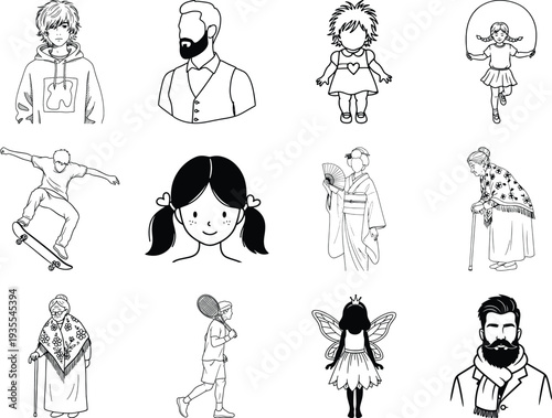 Black and white of people in various activities skateboarder