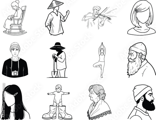 Black and white of people in various occupations and activities