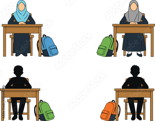 Muslim school students sitting at desk, classroom scene illustration, diverse pupils with backpacks, education concept, flat vector character set