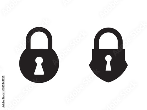 Two black padlock and shield lock icons with keyholes on white background for security and protection concepts  isolated on white background