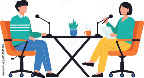 Podcast interview recording session in studio, professional hosts speaking into microphones at table with coffee and plant illustration