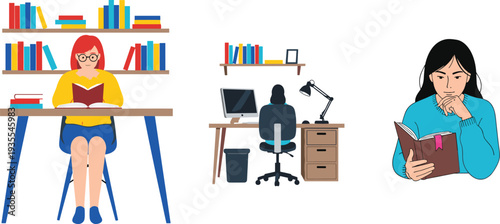 People reading books at home and office, modern flat vector illustration of education study learning and knowledge concept