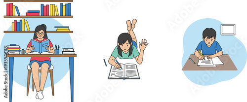Students studying at home illustration set, kids reading books writing homework and learning in modern flat style