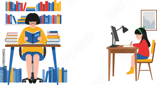 Teacher and student studying at desk, home learning scene, reading books, online education concept, modern classroom illustration