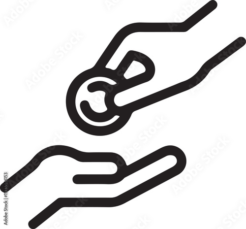 hand giving coin donation payment icon black white outline vector illustration