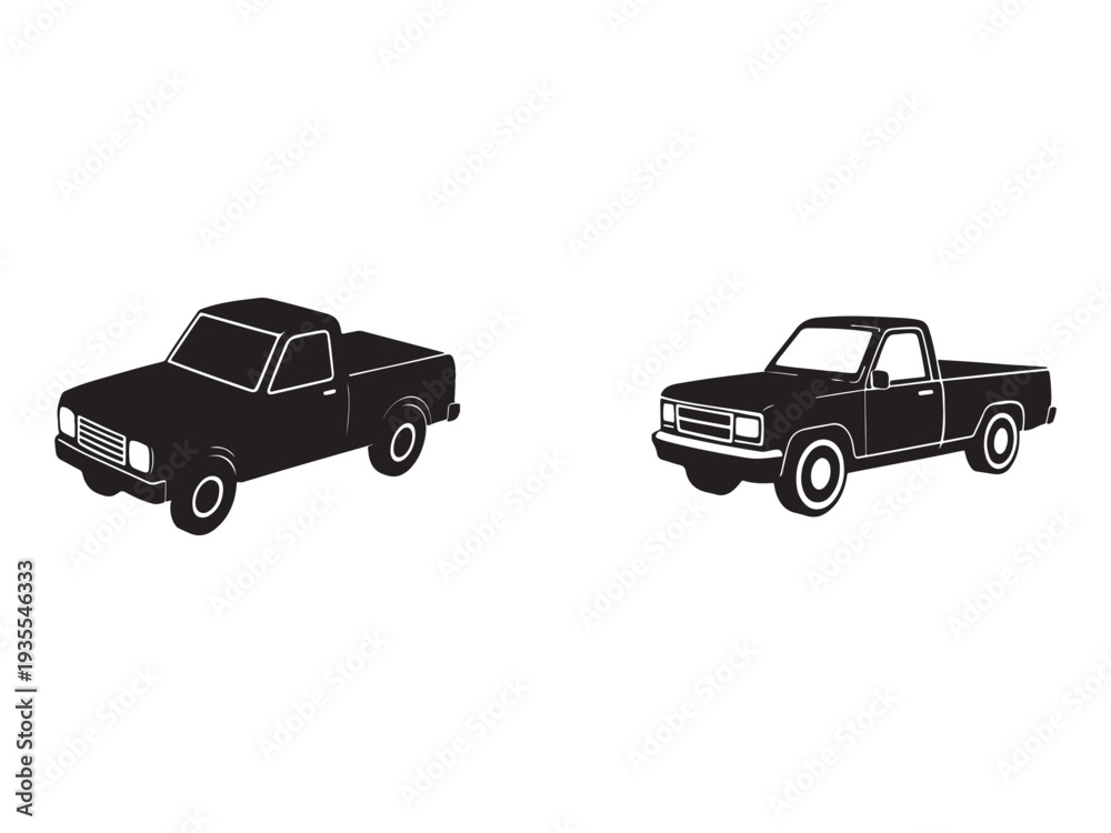 Fototapeta premium Two black pickup trucks side by side on white background isolated vehicles