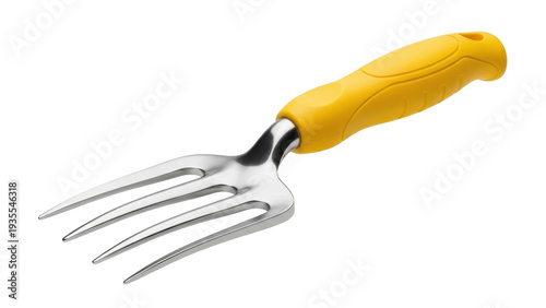 Foto Isolated garden fork with a yellow plastic handle for loosening soil and aeratin