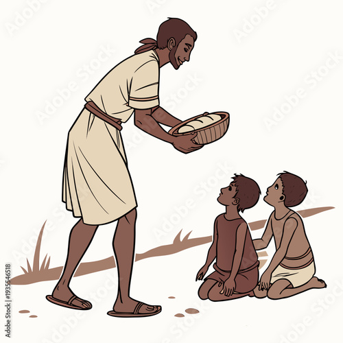 Man offering bread to two kneeling children bowl