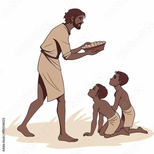Man offering bread to two kneeling children