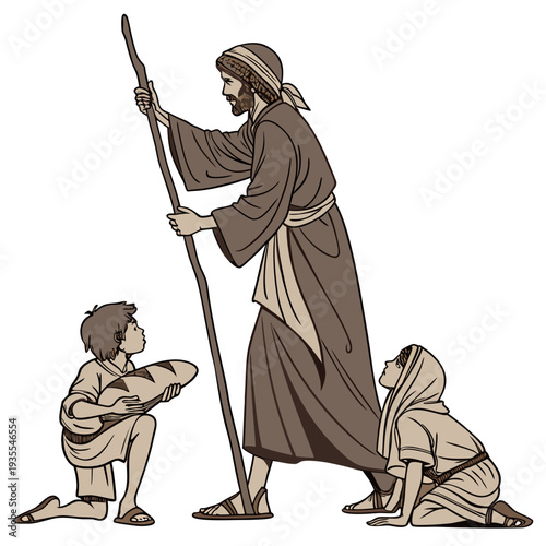 Biblical scene with man and two children kneeling standing