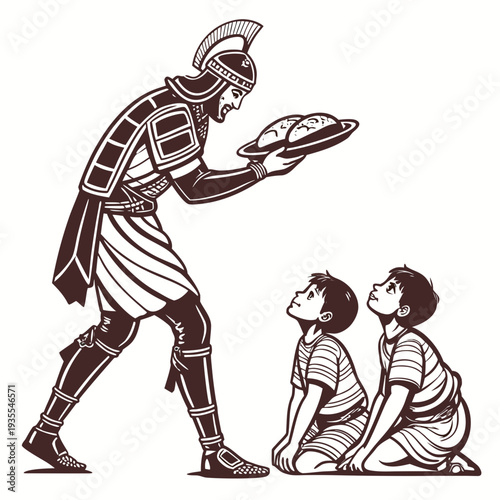 Ancient desert guard offering bread to two kneeling boys