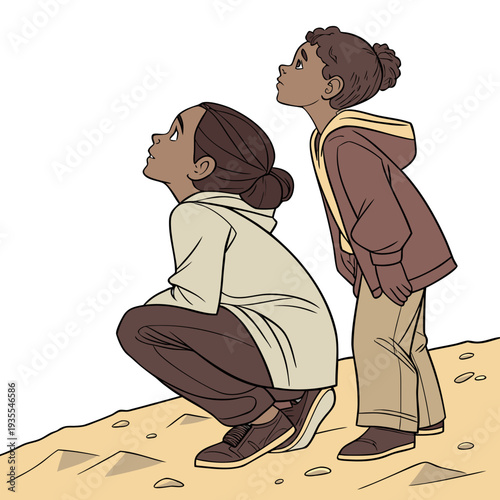 Two brown skinned children looking up on a desert hill