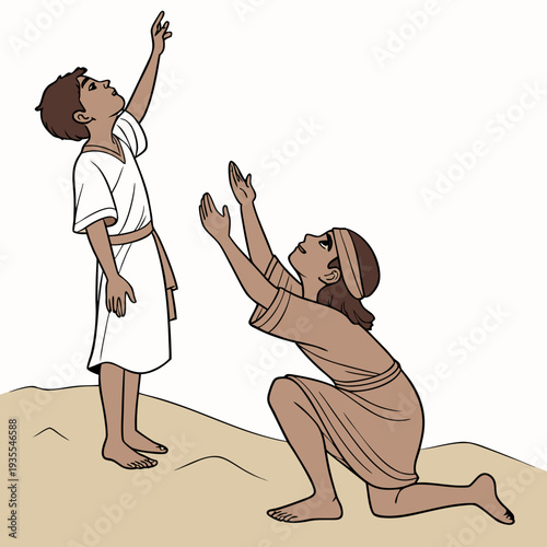 Biblical scene of a man and boy praying or worshiping outdoors