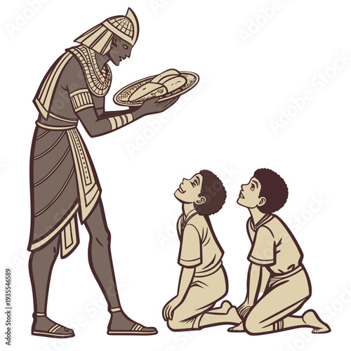 Ancient desert guard offering food to two kneeling boys