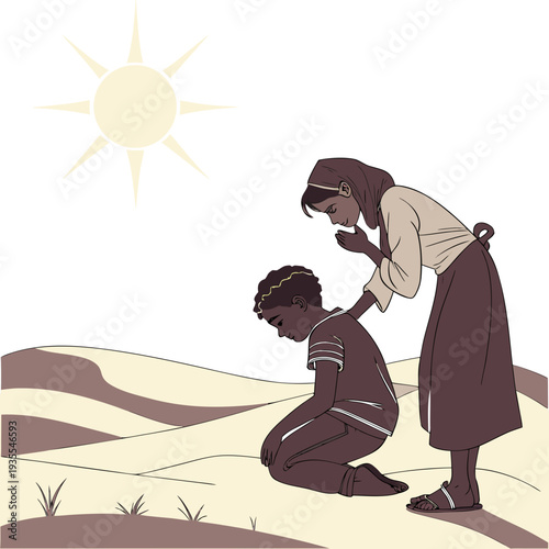 Desert woman comforting kneeling child under sun